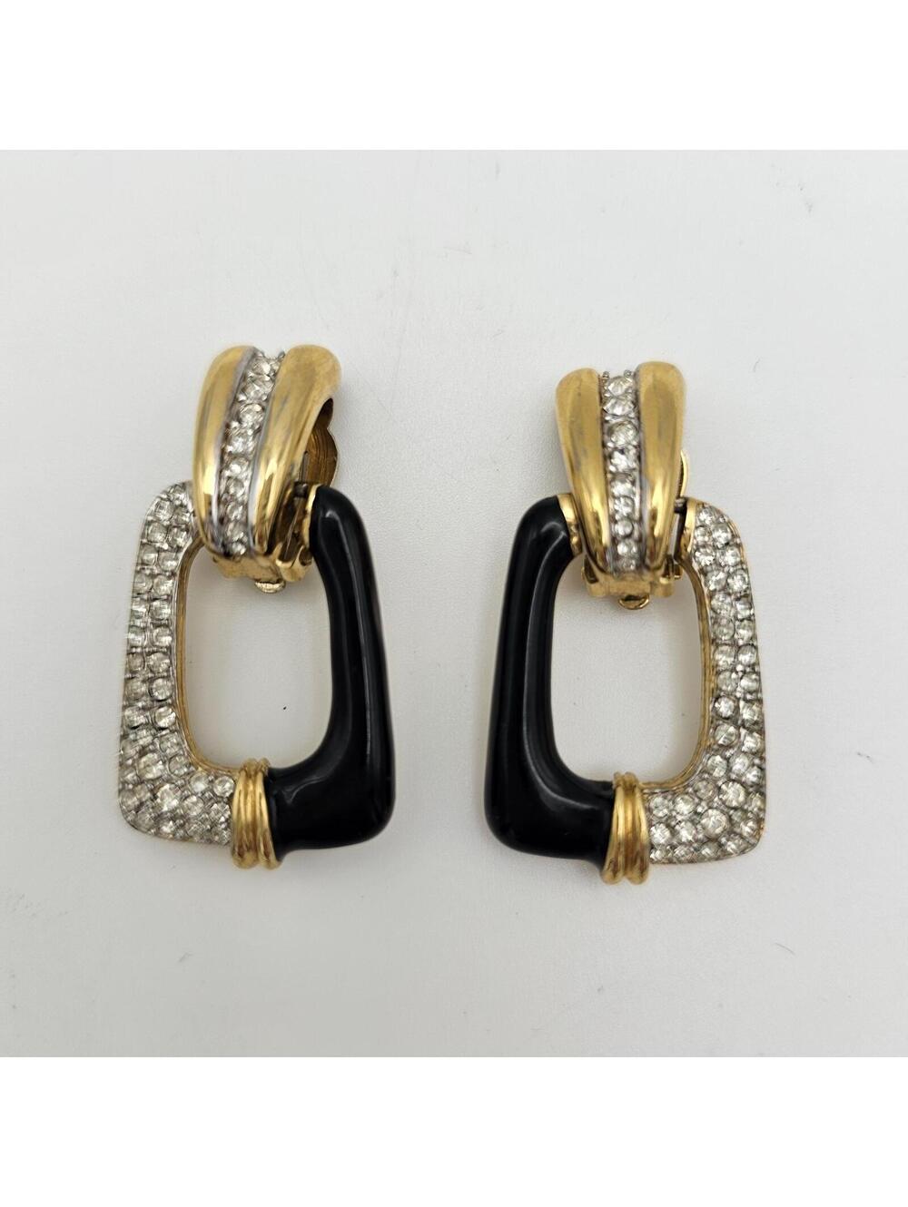 Nina Ricci Clip-On Earrings: Black Enamel, Rhinestone, Gold Tone Statement 80s